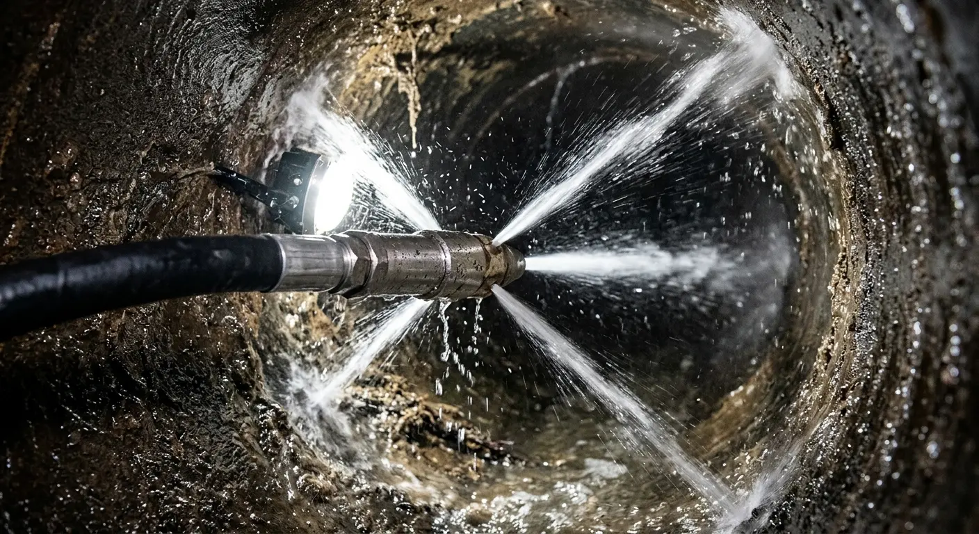High-pressure hydro jetting nozzle cleaning sewer pipe for Sewer Cleanout in Forest Glen