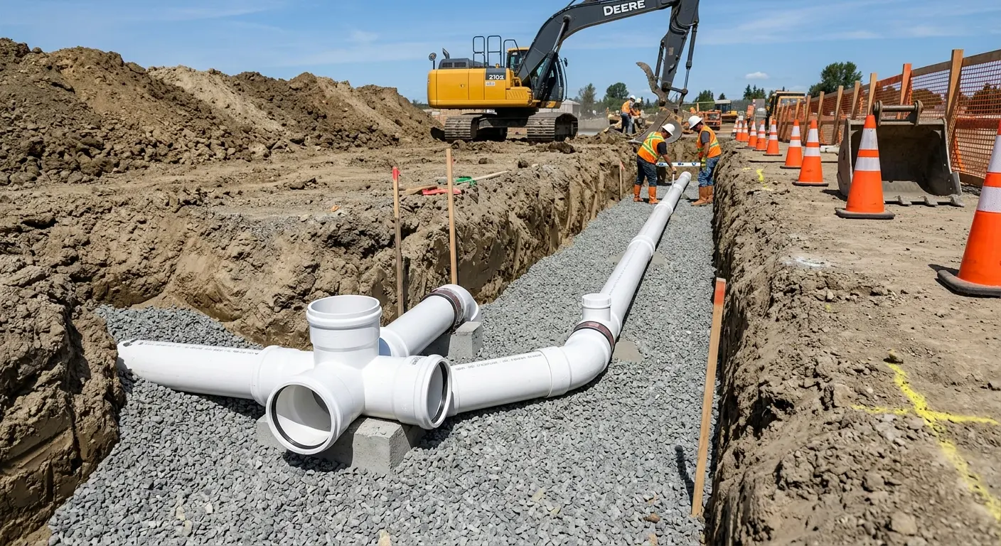 New PVC sewer pipe installation in open trench for Sewer Backup in Forest Glen