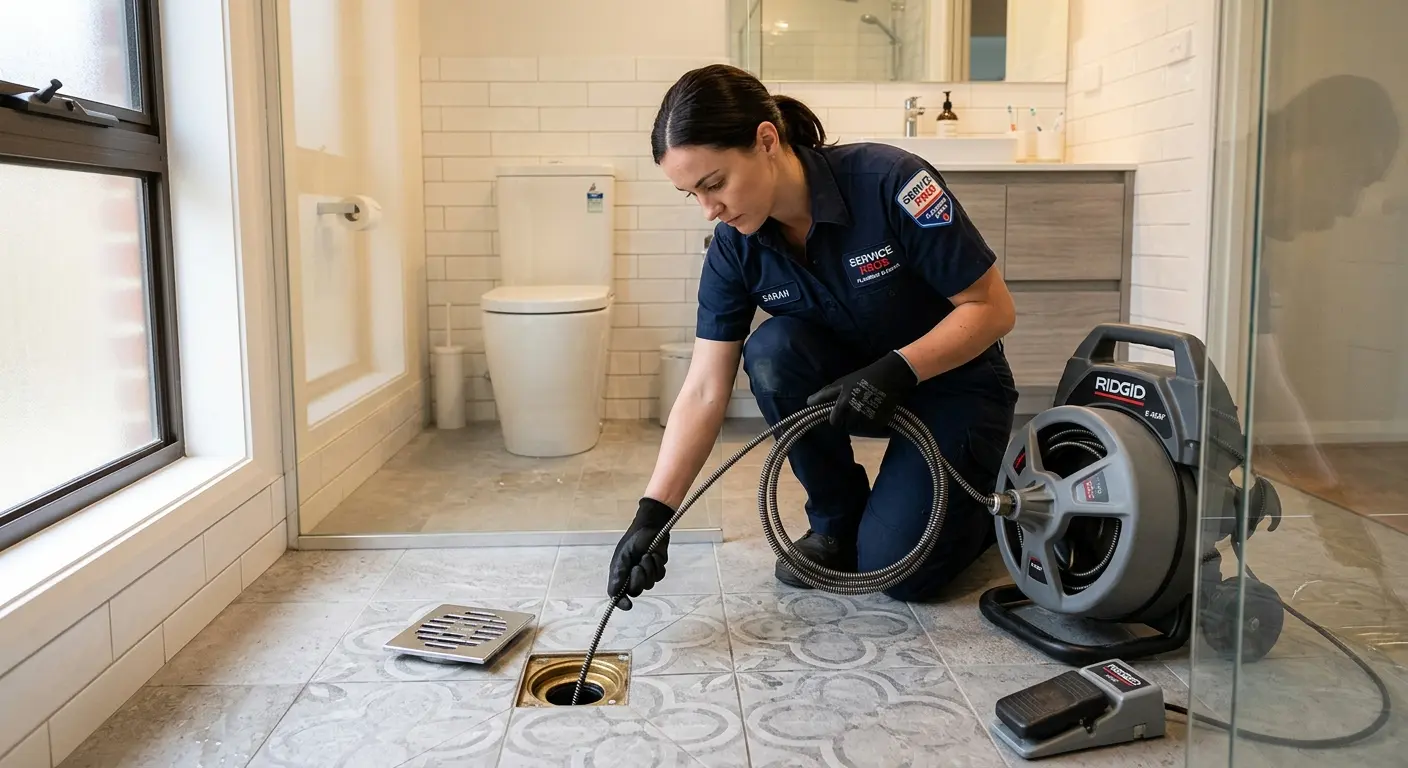 Technician clearing a bathroom floor drain for Hydro Jetting in Forest Glen